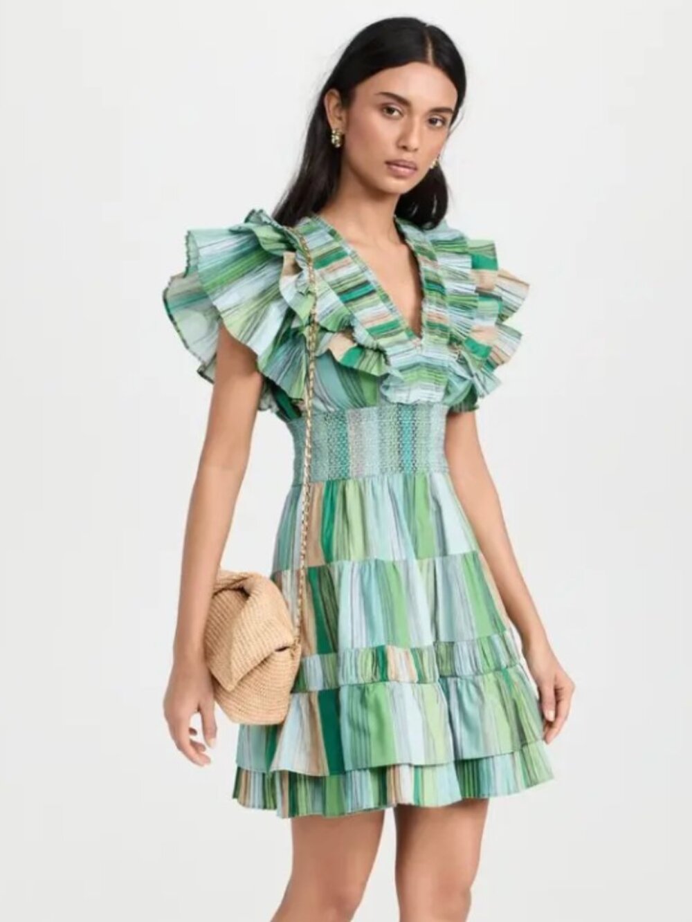 Chufy Green/Blue Striped Ruffle Smocked-Waist Mini Dress
